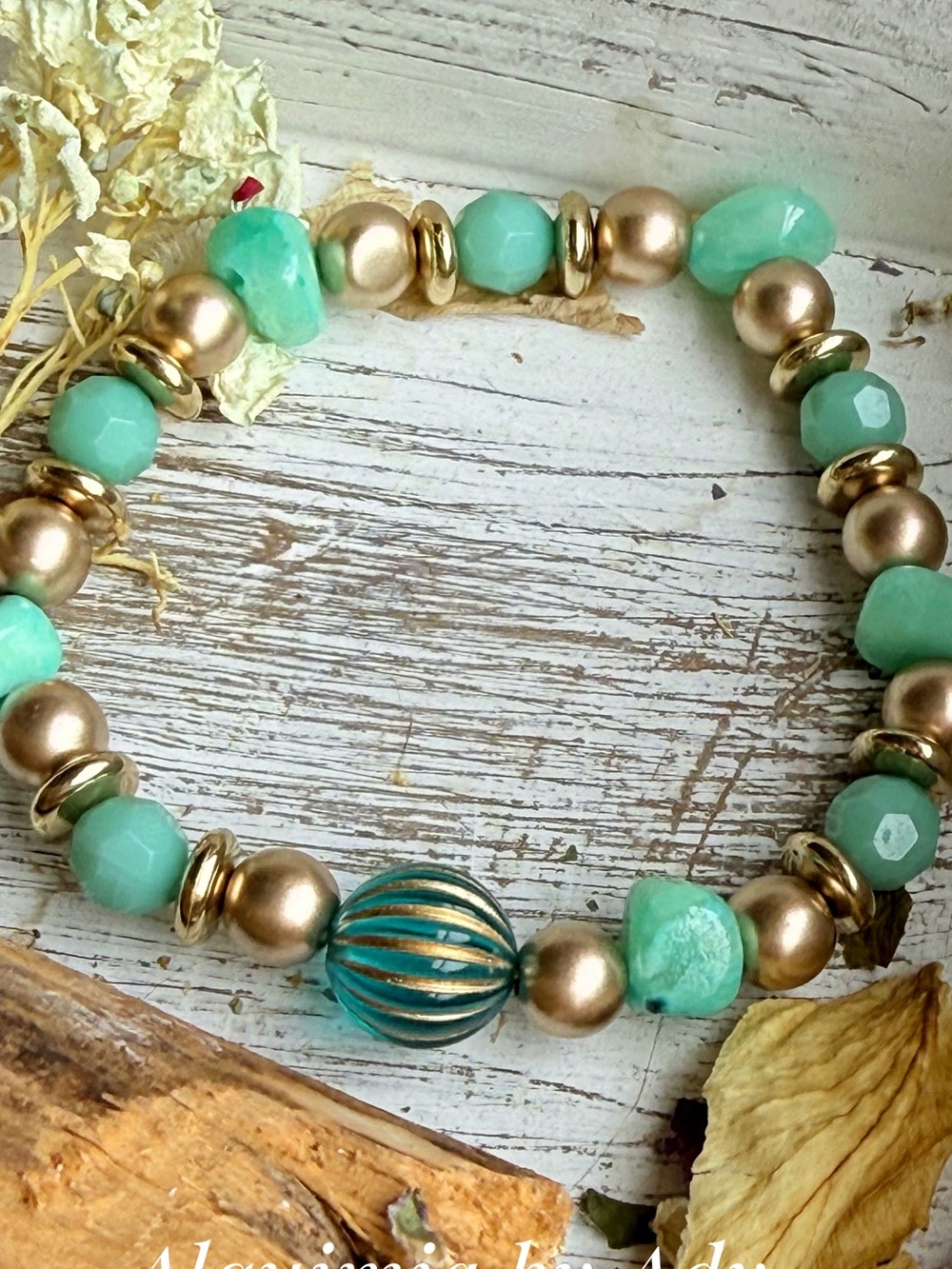 Gold and Aqua amazonite Beaded Stretch Bracelet - Women Jewelry